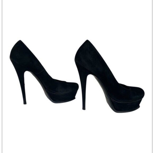 Saint Laurent Black Suede Platform Pumps Size 37 7 Round Toe YSL Designer Shoes - Picture 7 of 10